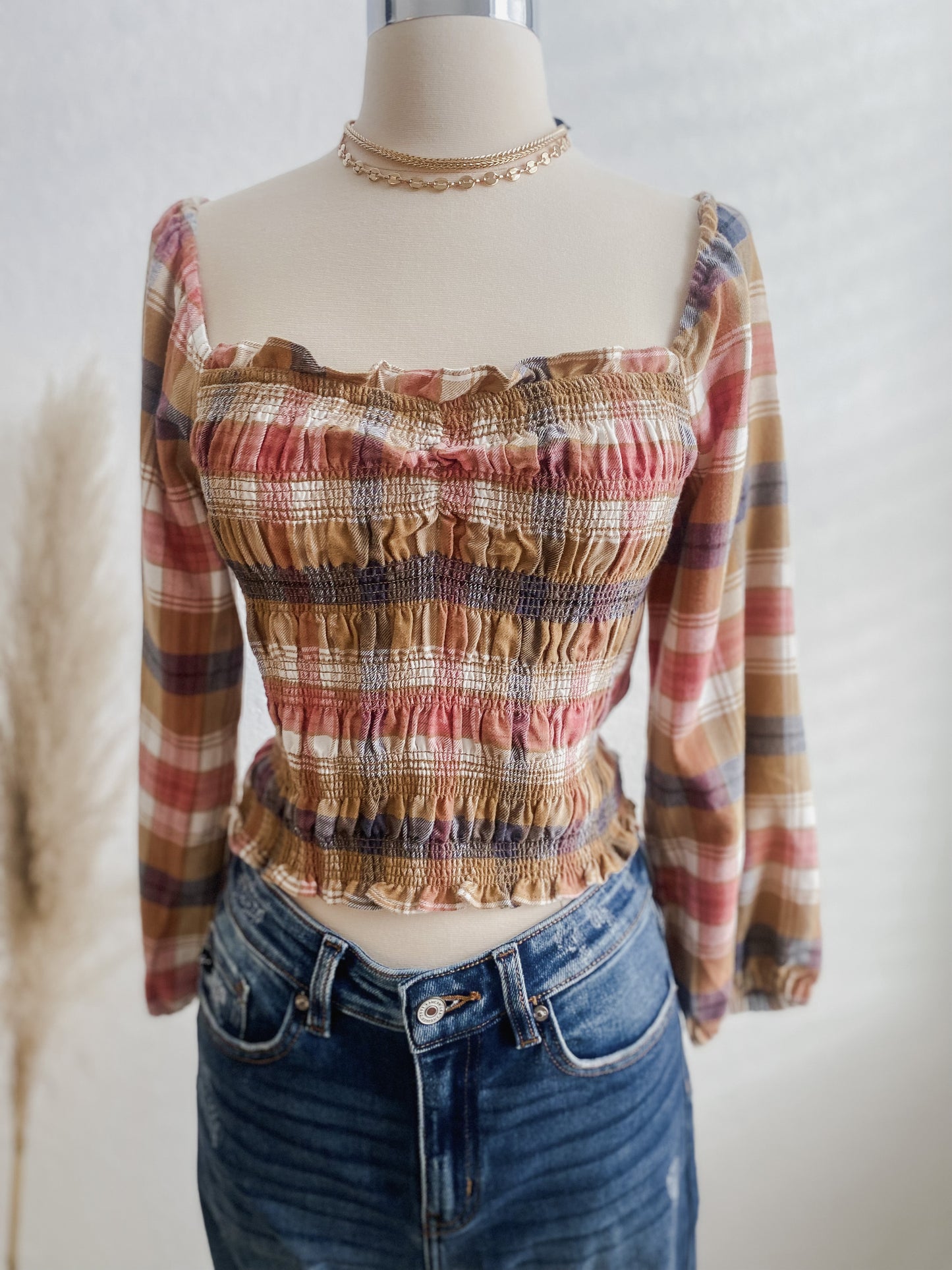 Plaid Off The Shoulder Crop