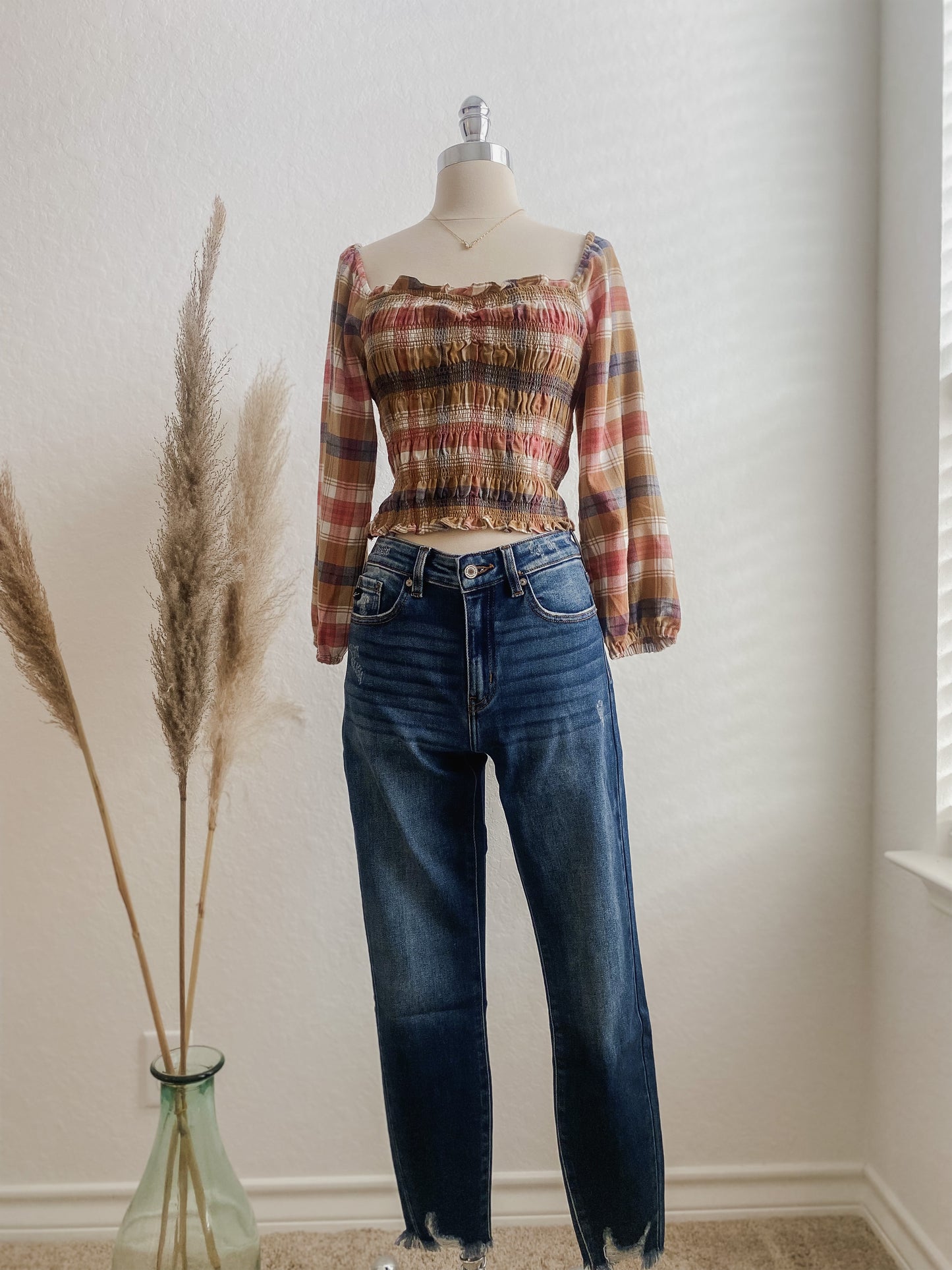 Plaid Off The Shoulder Crop